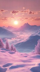 Poster - A breathtaking view of snow-laden mountains embraces a stunning sunset where golden and pink hues illuminate the peaks. The tranquil valley below is enveloped in soft mist, enhancing the beauty