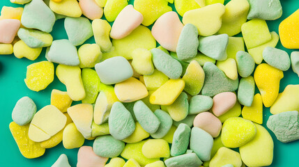 Poster - A vibrant assortment of colorful pastel stones scattered on a turquoise surface, creating a playful and visually appealing texture