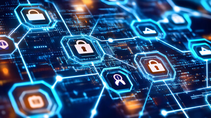 Poster - A digital network illustration featuring interconnected nodes with padlock icons, symbolizing cybersecurity and data protection