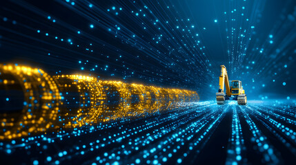 Aufkleber - A vibrant digital landscape showcasing flowing streams of blue and golden particles, evoking themes of technology and data movement
