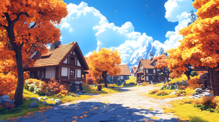 Poster - A picturesque autumn scene featuring cozy houses amidst vibrant orange trees under a bright blue sky
