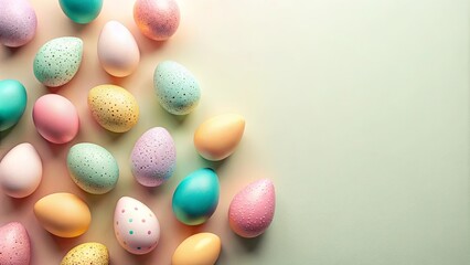 Wall Mural - Pastel-colored eggs arranged on a light green background, a festive spring design