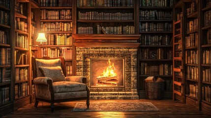 Poster - Cozy reading corner with fireplace in library warm ambiance inspiring content inviting atmosphere intimate viewpoint