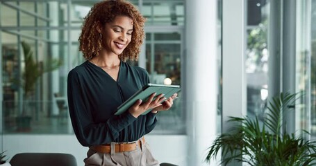 Poster - Typing, tablet and thinking with business woman in office for report, planning and bookkeeping record. Budget proposal, accountant and idea with person in corporate firm for online, email and admin