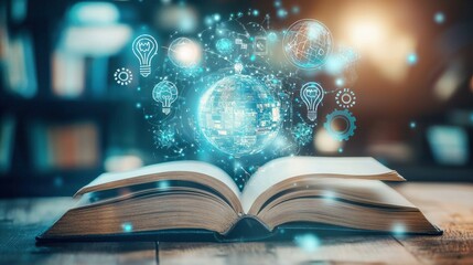 Aufkleber - Illuminating ideas open book with knowledge symbols cozy library digital art warm light inspirational learning