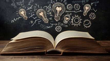 Aufkleber - Illuminating knowledge open book with light bulbs symbolizing ideas study room conceptual artwork warm lighting inspirational