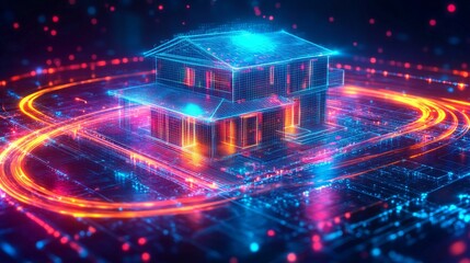 Poster - Smartphone projecting detailed holographic house design in vibrant neon colors