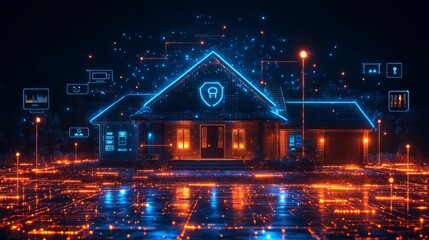 Poster - Smart home visualization with digital connectivity and security features illuminated at night