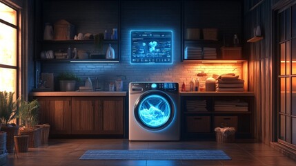 Poster - Smart laundry room with futuristic washing machine and organized storage