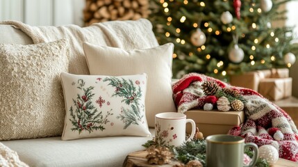 Wall Mural - A charming holiday scene with personalized photo gifts, such as pillows, mugs, and keepsake boxes