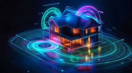 Poster - Holographic smart home interface projected over a modern residence at night