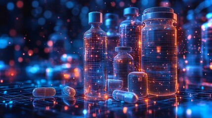 Poster - Digital representation of glowing low-poly medicine bottles in a futuristic setting