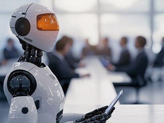 Poster - Innovative robot assisting in business meeting corporate office digital interaction modern environment close-up view technology advancement