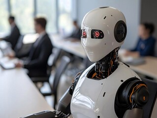 Poster - Robot assistant engaging professionals in office modern workspace technology integration business environment close-up perspective