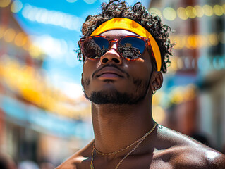 Wall Mural - Athletic Man in Sunglasses at Dynamic Street Parade Scene