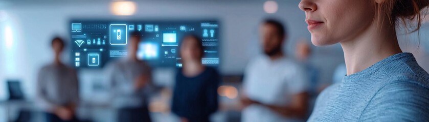 Poster - Team collaboration in a modern office business meeting setting digital environment professional viewpoint innovation discussion
