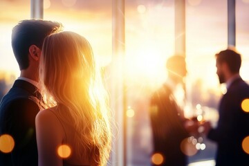 Wall Mural - A man and woman are standing next to each other, looking out a window at the sun