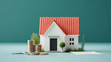 Poster - Miniature house with stacked coins calculator keys small plant and papers on a natural background showcasing a home loan theme in a 3D