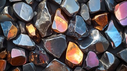 Poster - A stunning close up photograph showcasing the polished mirror like surface of hematite stones where the natural metallic luster reflects the surrounding colors in a mesmerizing and tranquil display