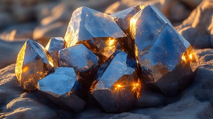 Poster - A close up photograph showcasing the beautiful polished hematite stones with their mesmerizing metallic and mirror like surface that reflects the surrounding colors and creates a serene