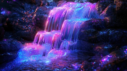 Poster - Digital waterfall of neon liquid cascading over rocks in a surreal environment captured in stunning detail
