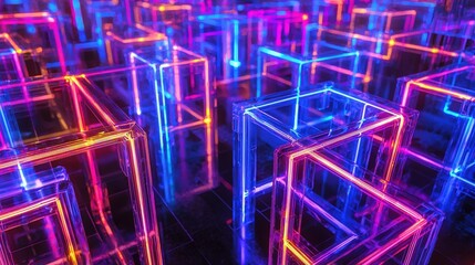 Poster - Futuristic neon maze adventure digital realm 3d visualization immersive environment bird's eye view conceptual art