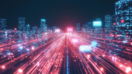 Poster - Futuristic virtual cityscape with neon lights digital realm 3d art nighttime glow bird's eye view urban aesthetics
