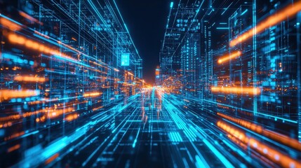 Poster - Urban neon cityscape a futuristic digital realm depicting technology and innovation in dynamic perspectives
