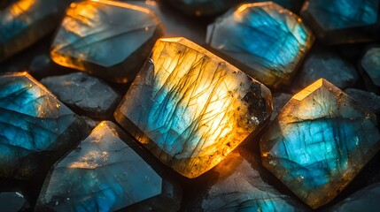 Poster - Mesmerizing Labradorite Stones with Iridescent Blue Green and Golden Hues A Captivating Natural Gemstone with a Stunning Play of Color as Light Hits the Polished Surface