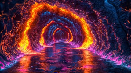 Poster - Illuminated neon tunnel with flowing magma patterns digital art surreal environment captivating viewpoint fantasy concept