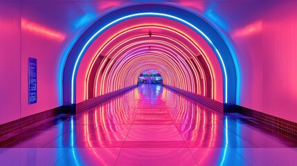 Poster - Neon tunnel with kaleidoscopic patterns urban location photography futuristic environment wide angle view visual art concept