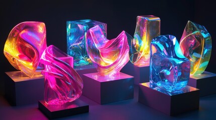 Poster - Vibrant holographic abstract sculptures showcase art gallery modern display illuminated environment artistic perspective