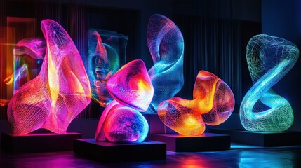 Poster - Holographic abstract sculptures in modern art gallery urban digital installations and innovative artistic perspectives