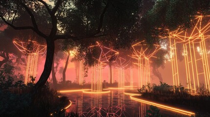Fototapete - Surreal vr forest installation an immersive digital landscape experience in a futuristic virtual reality environment