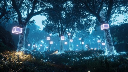 Poster - Enchanted virtual forest installation a dreamlike immersive experience in a surreal digital realm for exploration