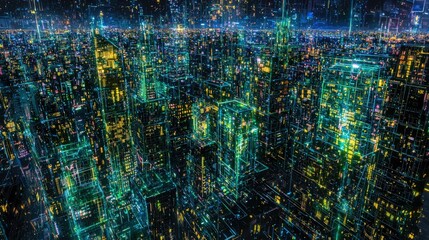 Poster - Cybernetic cityscape transformation futuristic urban environment digital art nighttime view high-tech conceptualization