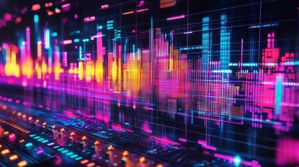 Aufkleber - Dynamic equalizer bars dance in a vivid digital environment illustrating sound waves technology abstract art colorful visuals