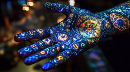 Poster - Luminous hand art installation urban gallery interactive content nighttime setting futuristic perspective artistic expression