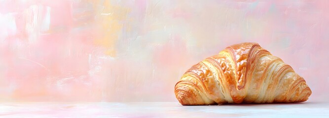 A freshly baked croissant with golden, flaky layers, set against a soft, pastel background with room for text