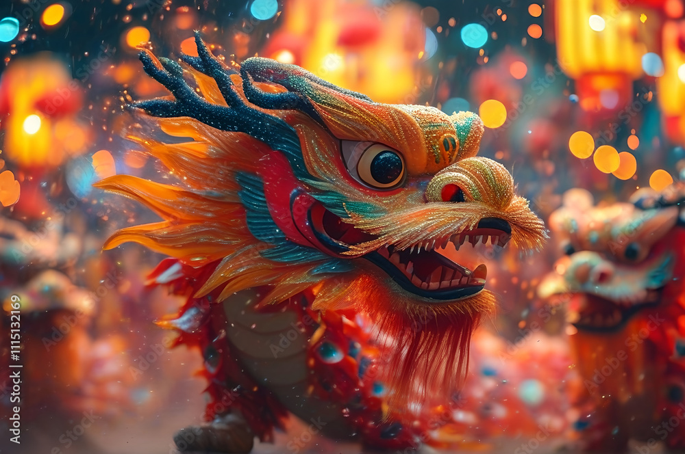 Illustration of a vibrant dragon dance performance at night under a ...