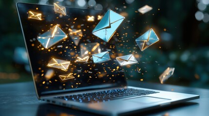 Poster - Abstract concept of a laptop screen overflowing with email messages, portrayed with glowing envelopes