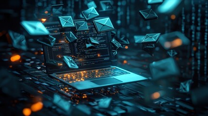 Poster - Dynamic visualization of an inbox overload, with a laptop emitting glowing envelope icons in a futuristic style