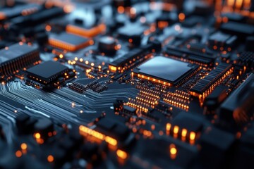 Poster - Close-up of a circuit board with glowing components. Illustrates technological advancement, high-tech innovation, and digital processing.