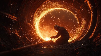 Aufkleber - A dramatic scene of a welder silhouetted against a backdrop of glowing sparks, working deep within a large, dark industrial pipe