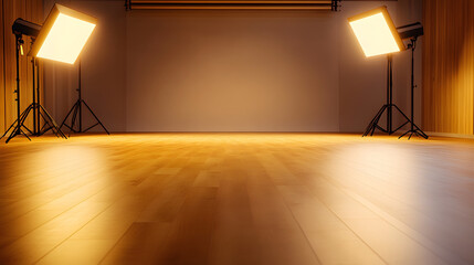 Poster - A well-lit stage area with wooden flooring and studio lights set up, creating a professional atmosphere for photography or performances