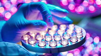 Aufkleber - This healthcare professional is carefully handling test tubes in a lab filled with vibrant lighting.