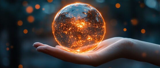 Poster - A glowing digital sphere held in a hand, symbolizing global connectivity, technological advancements, and the integration of digital ecosystems
