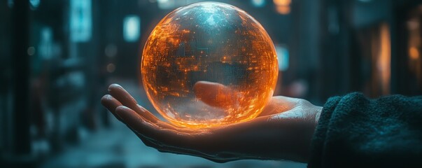 Poster - A glowing digital sphere in the hand, representing the integration of global networks, digital ecosystems, and the flow of information across platforms