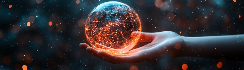 Poster - A glowing digital sphere in the hand, representing the integration of global networks, digital ecosystems, and the flow of information across platforms