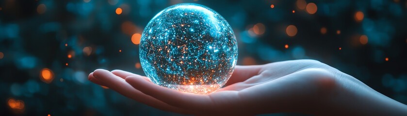 Poster - A glowing digital sphere in the hand, representing the integration of global networks, digital ecosystems, and the flow of information across platforms